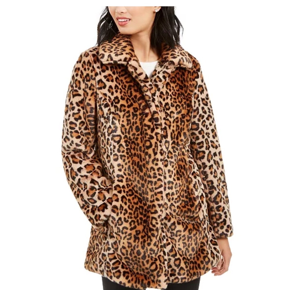 Anne Klein Leopard Print‎ Faux Fur Coat Mid-Length Snap Front Brown Tan Medium